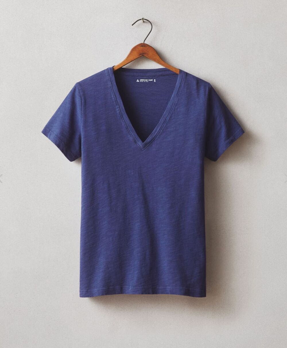 American Giant T-Shirt Womens XS Blue Short Sleeve V-Neck Slub Knit Tee NEW